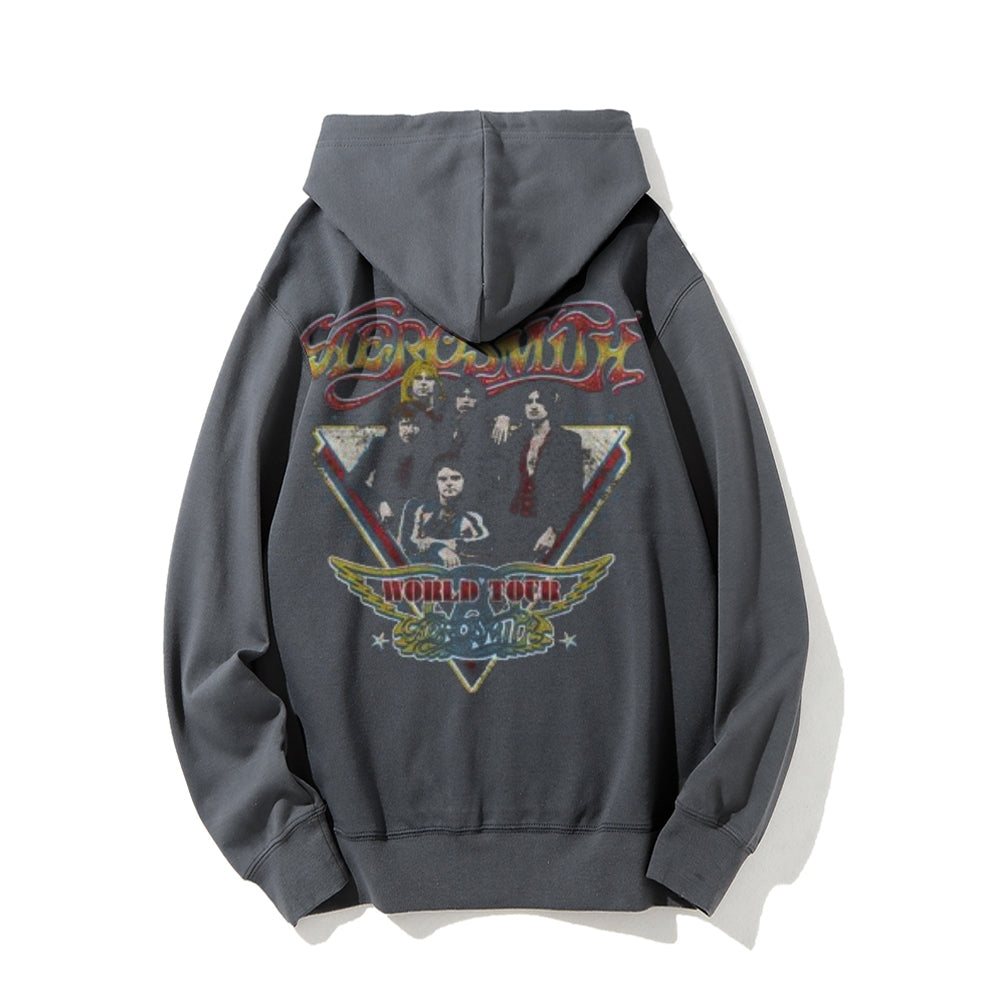 Mens  Vintage Aerosmith World Tour Darkness Style Graphic Pullover With Kangaroo Pocket Hoodies