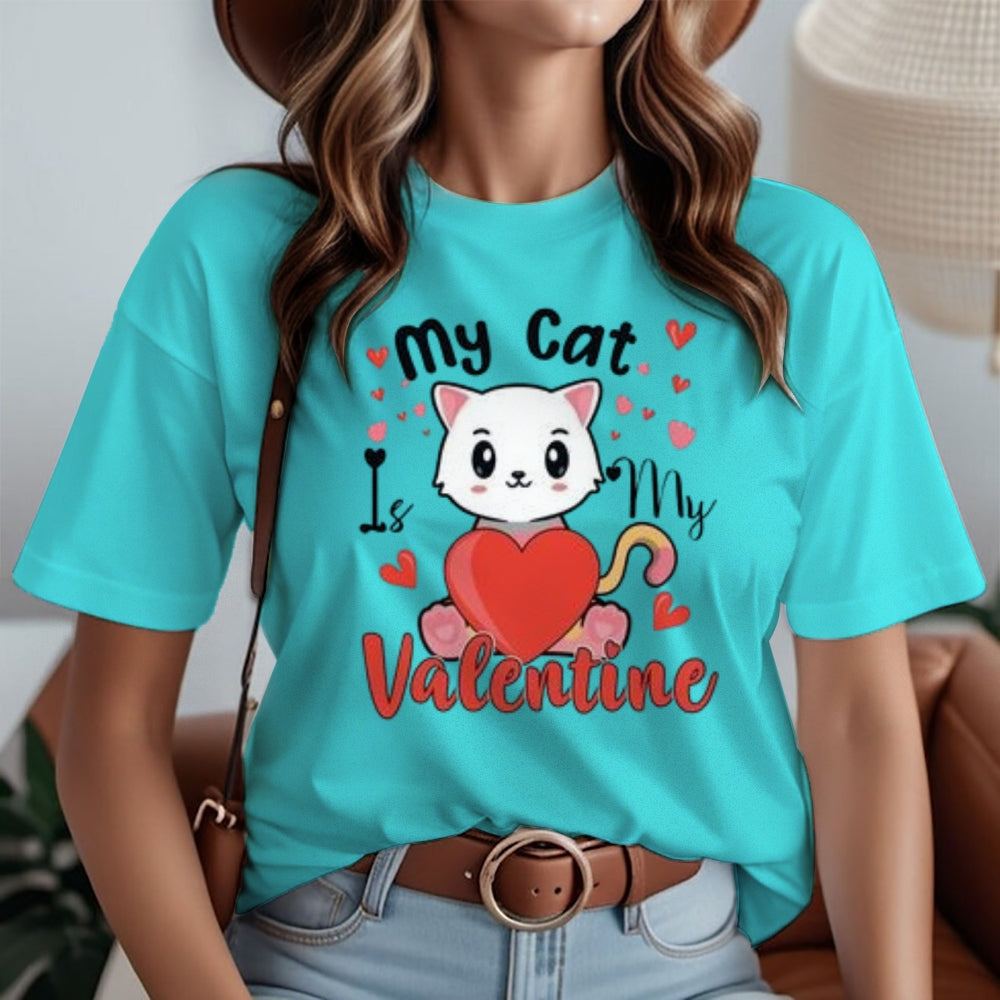 Women My Cat Is My Valentine's Day Print Graphic T-shirt