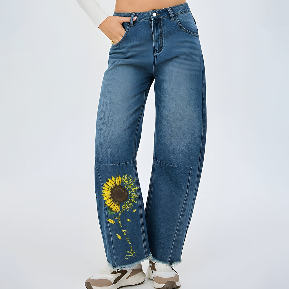 Women Sunflower Graphic Baggy Straight Leg Jean