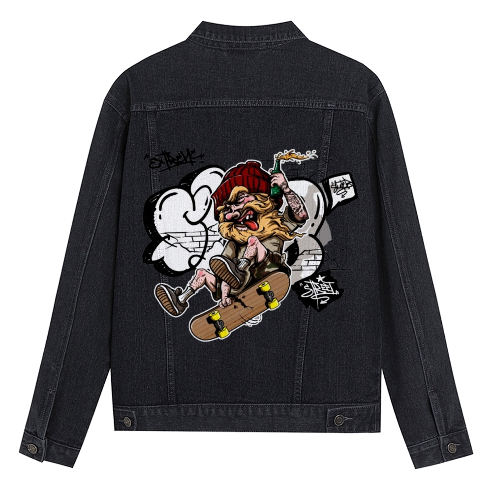 Mens Vintage Skate Cartoon Prints Denim Jacket