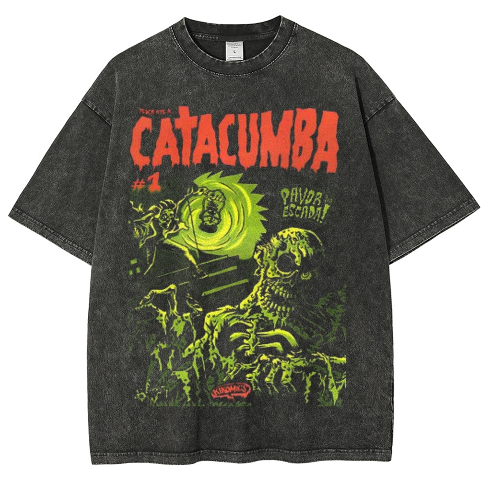 Unisex Vintage Catacumba Horror Graphic Short Sleeve Washed T-shirt