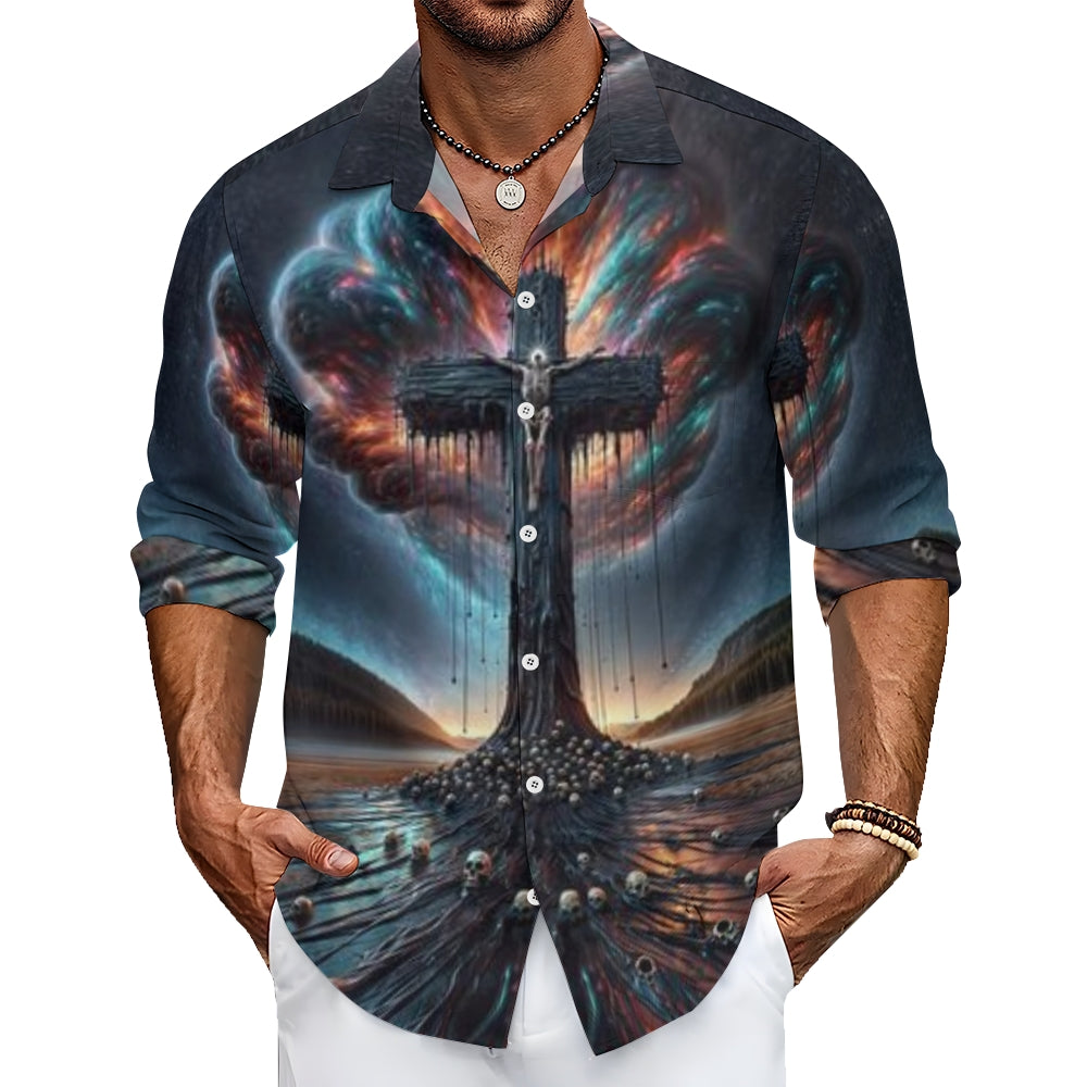 Mens Skull with Wood Cross 3D Print Long Sleeve Shirt