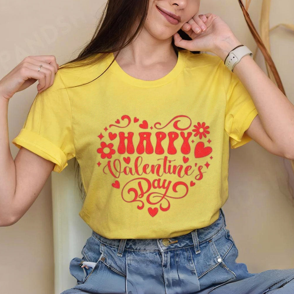 Women Happy Valentine's Day Heart Shape Print Graphic T-shirt