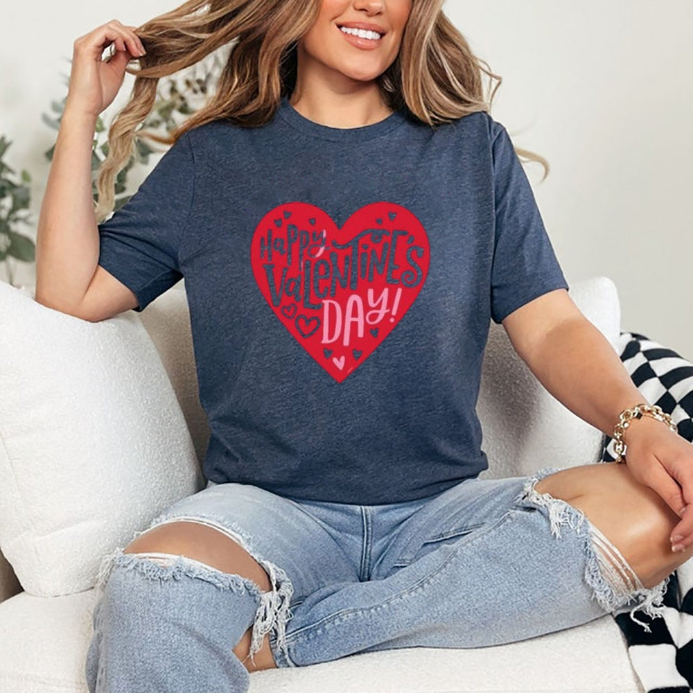 Women Happy Valentine's Day Heart Shape Print Graphic T-shirt