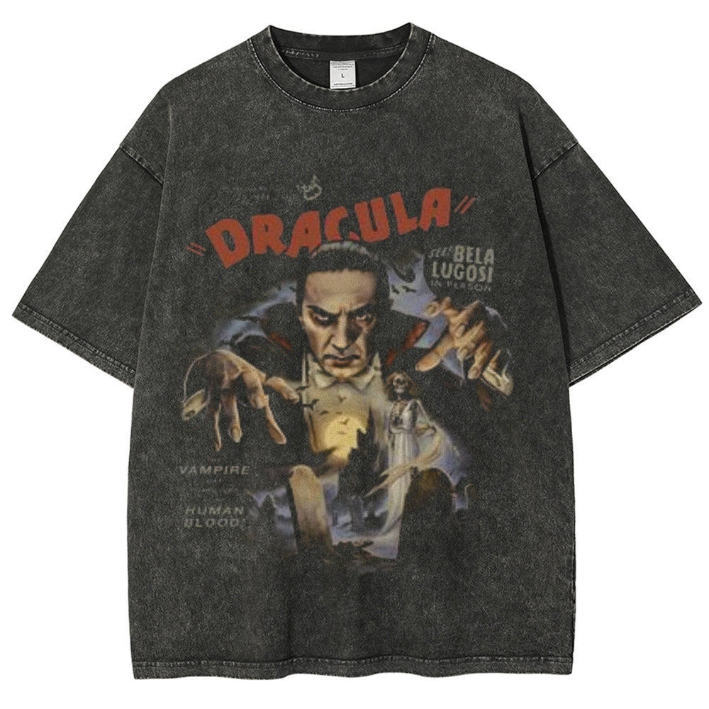 Unisex Vintage Dracula Horror Graphic Short Sleeve Washed T-shirt