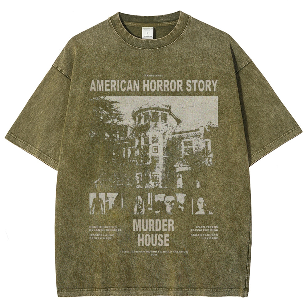 Unisex Vintage American Horror Story Graphic Short Sleeve Washed T-shirt