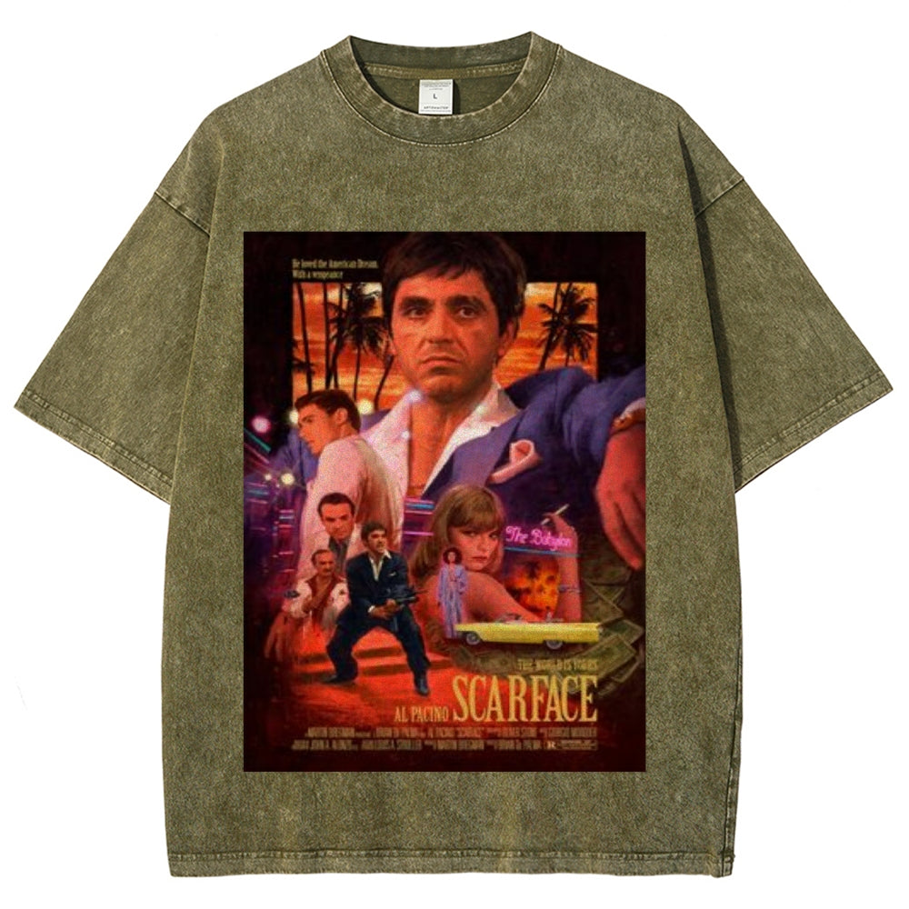 Unisex Vintage Scarface Horror Graphic Short Sleeve Washed T-shirt