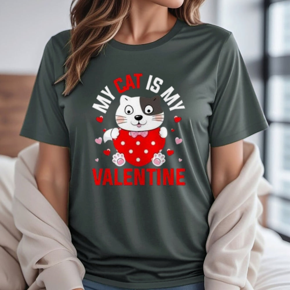 Women My Cat Is My Valentine's Day Print Graphic T-shirt