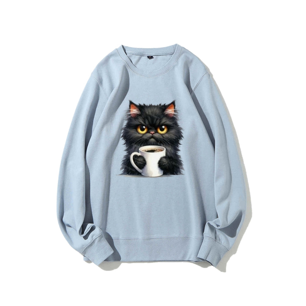 Black Cat with Coffee Cup Graphic Sweatshirts