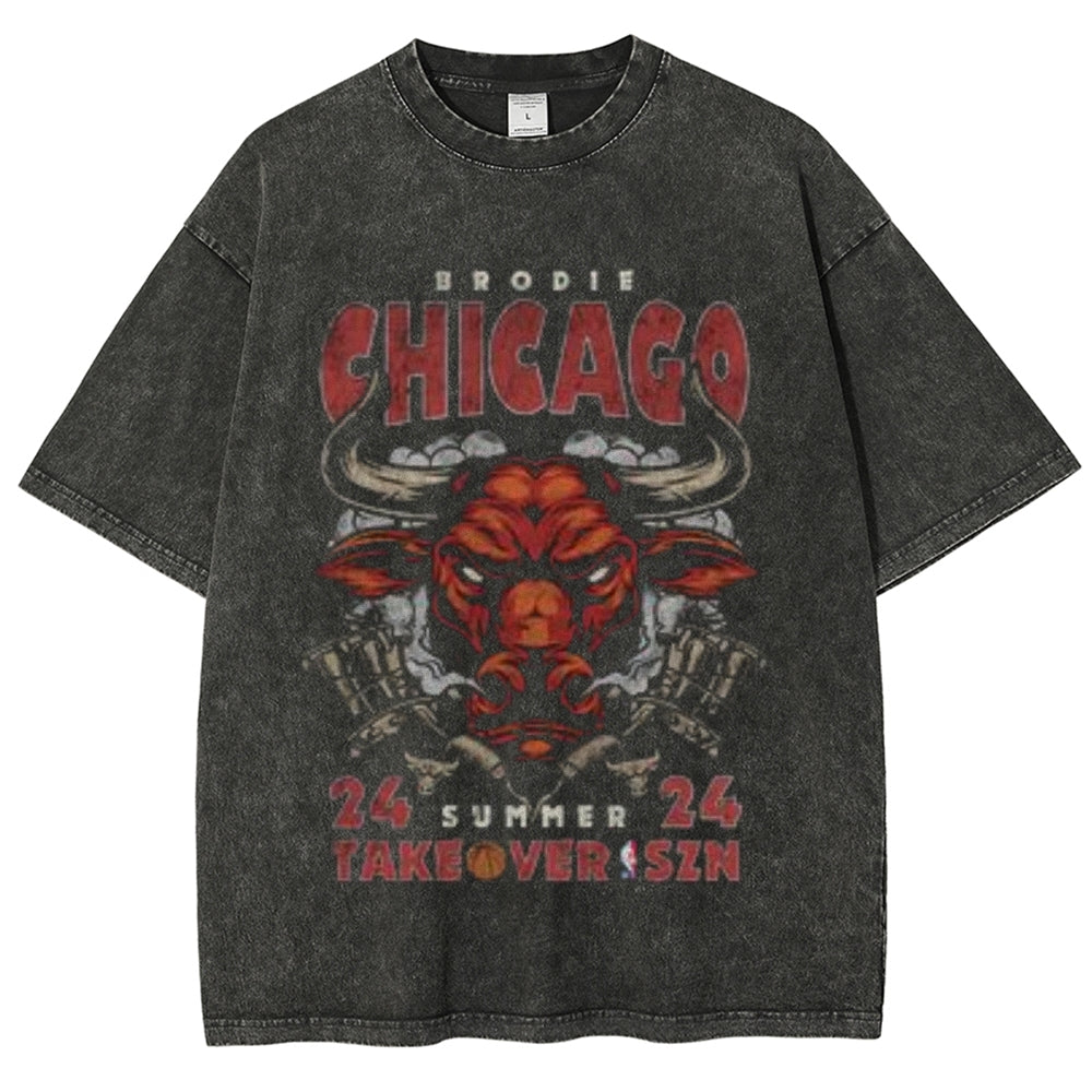 Unisex Vintage Chicago Letter Print Short Sleeve Graphic Washed T-shirt