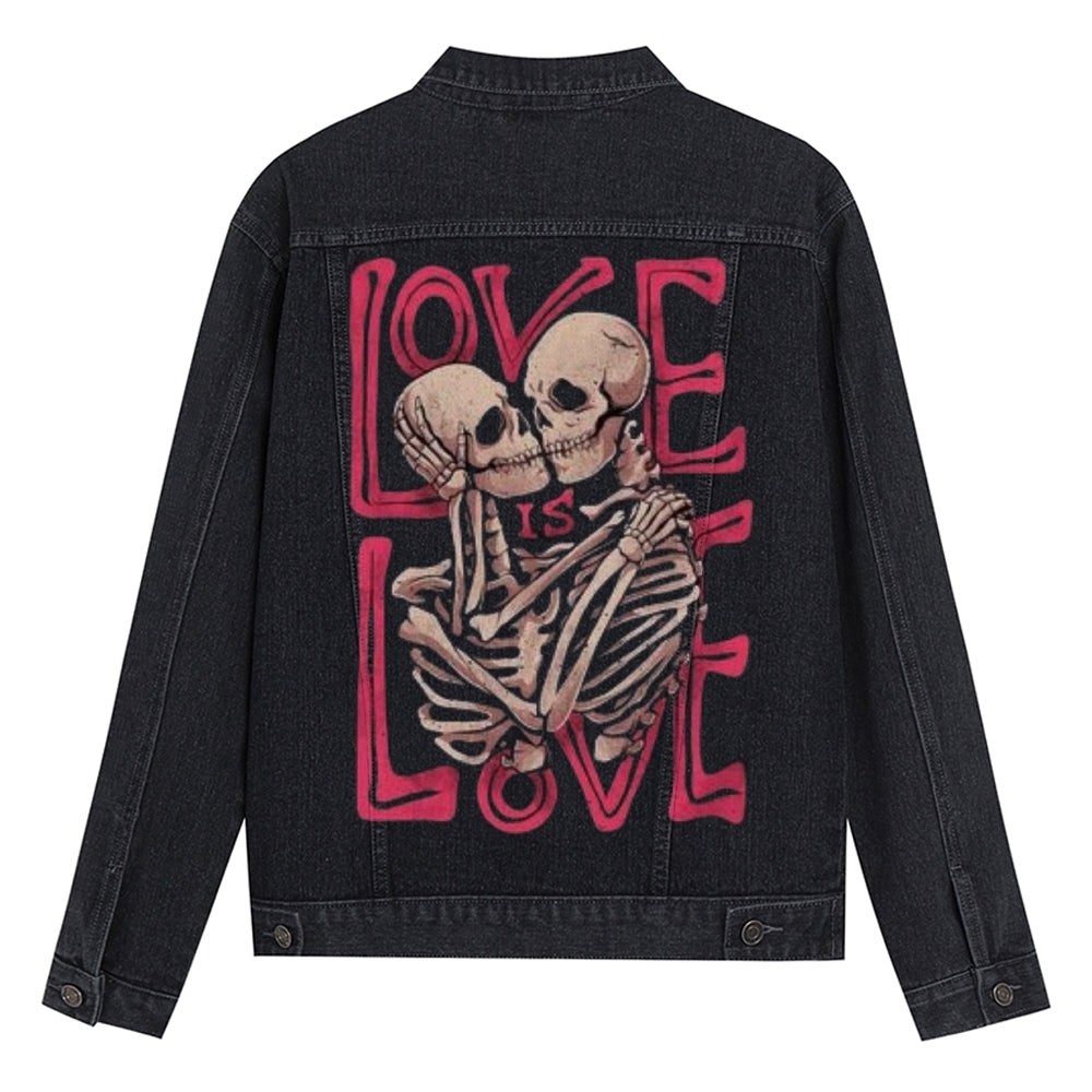 Mens Vintage Love Is Love Skull Graphic Denim Jacket