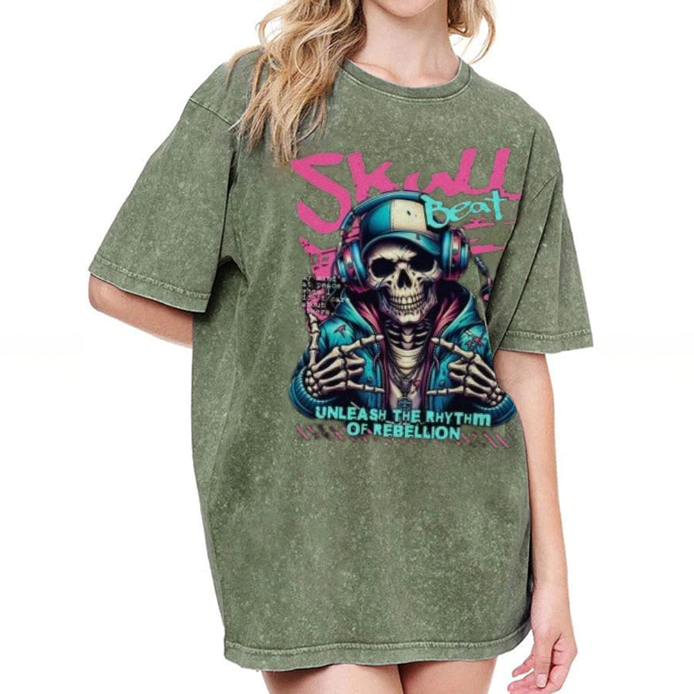 Women Washed Vintage Skull Beat Graphic Tee