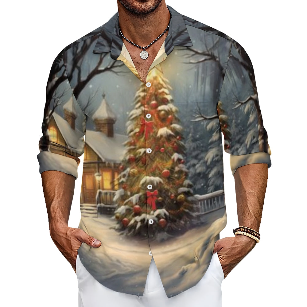 Mens Christmas Festival Winter Snow Print Long Sleeve Shirt