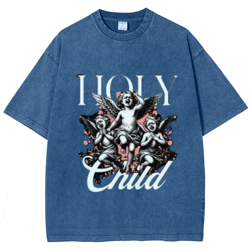 Women Washed Vintage Holy Child Graphic T-shirt