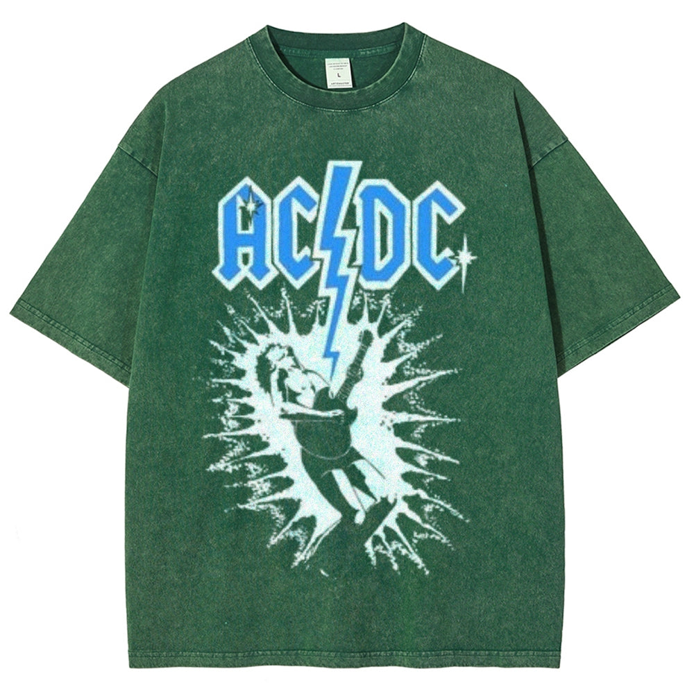 Unisex Vintage The Acdc Rock Band Print Short Sleeve Casual Graphic Washed T-shirt