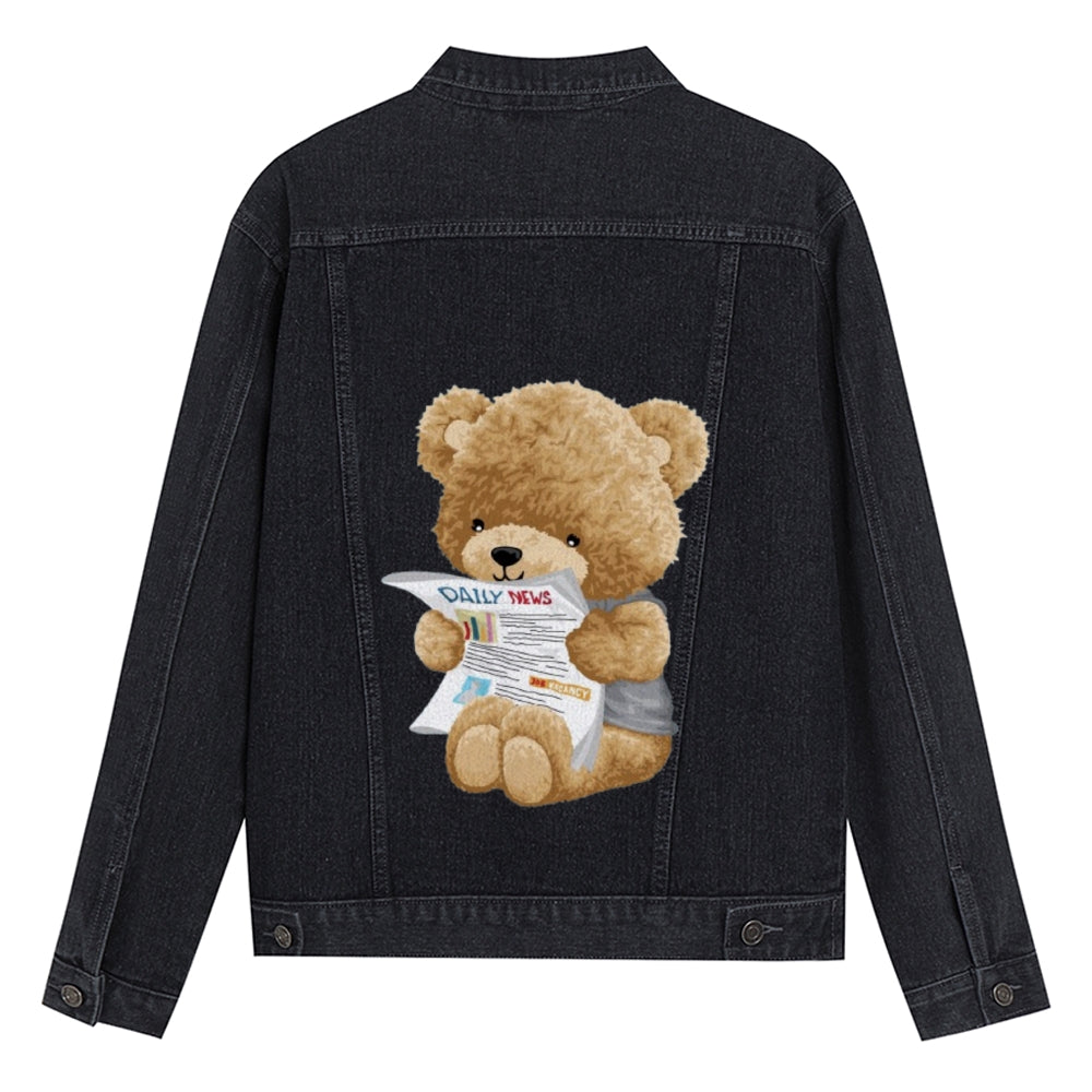 Mens Vintage Cartoon Cute Bear Prints Daliy News Denim Jacket