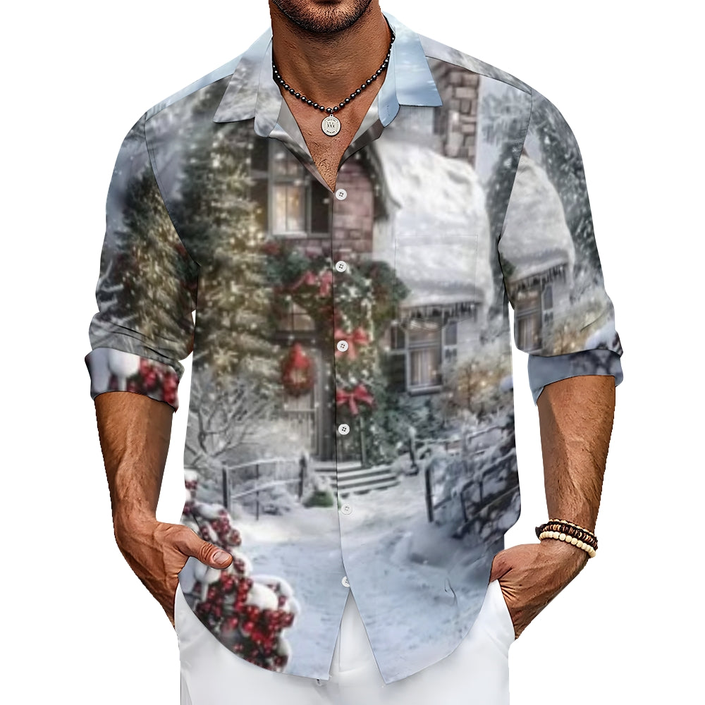 Mens Christmas Winter Snow House Print Long Sleeve Shirt