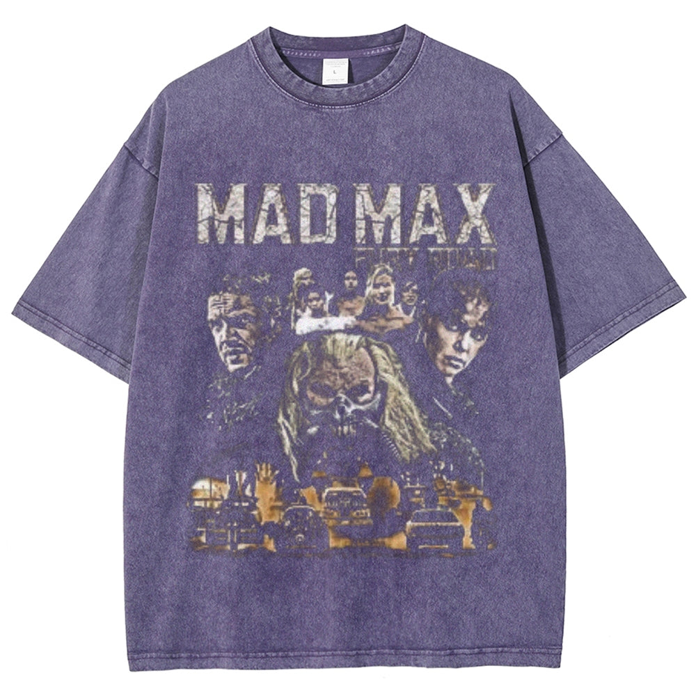 Unisex Vintage Madmax Darkness Style Graphic Short Sleeve Washed T-shirt