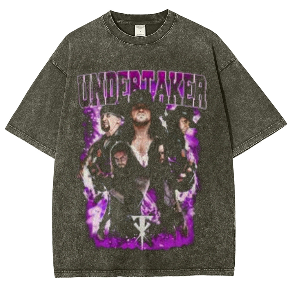 Unisex Vintage Undertaker Darkness Style Graphic Short Sleeve Washed T-shirt