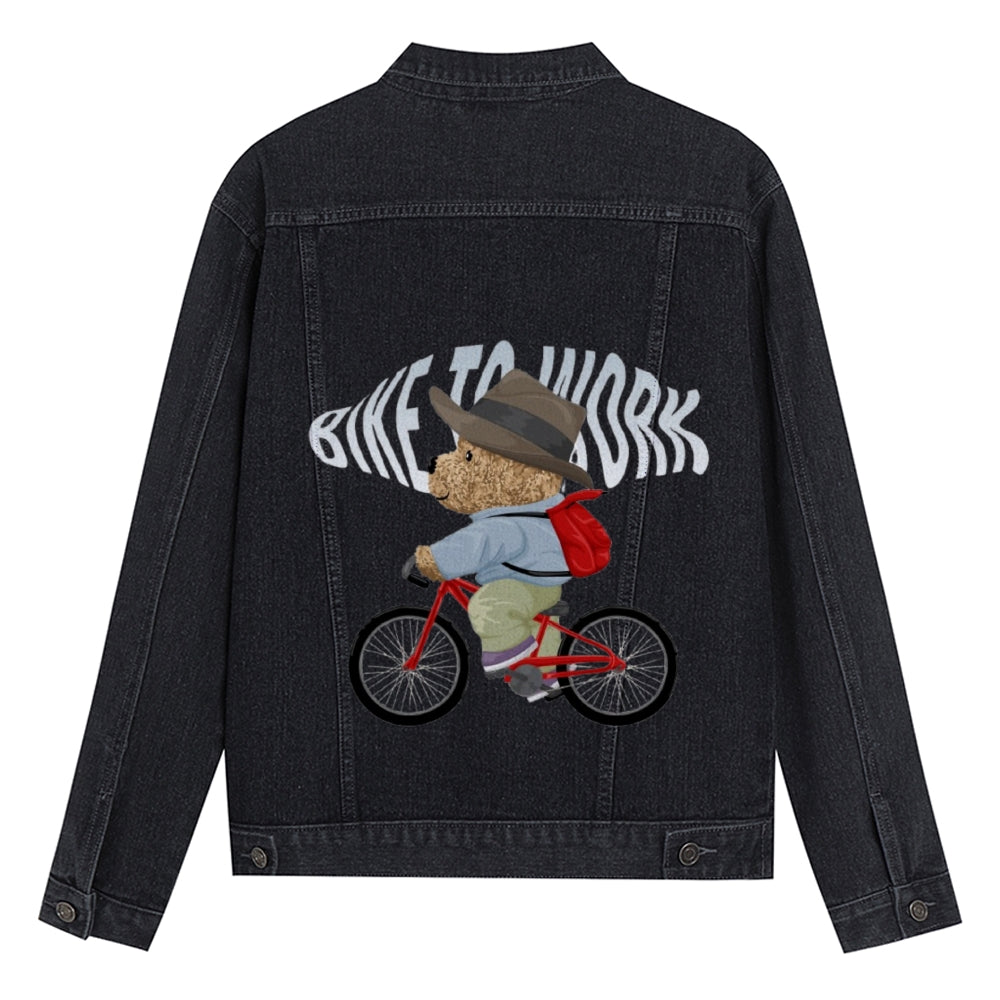 Mens Vintage Cartoon Cute Cycling Bear Prints Denim Jacket