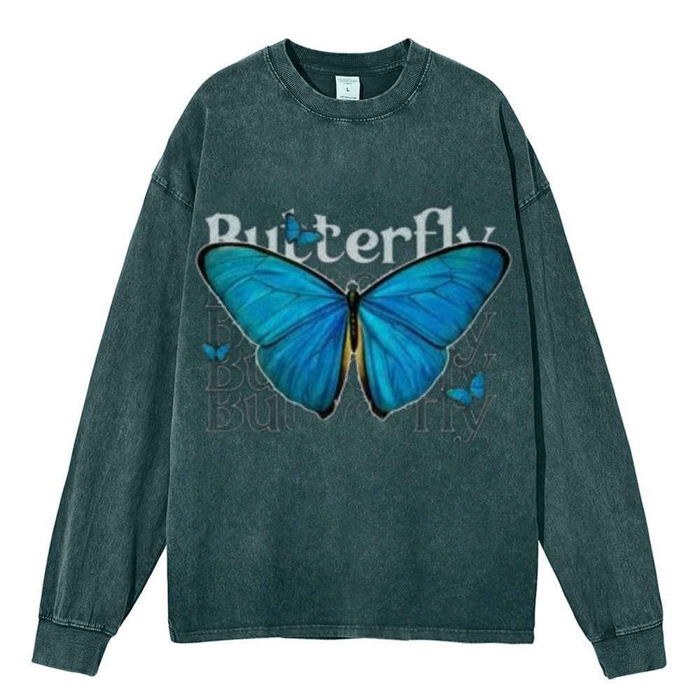 Oversized Vintage Washed Blue Butterfly Graphic Sweatshirt