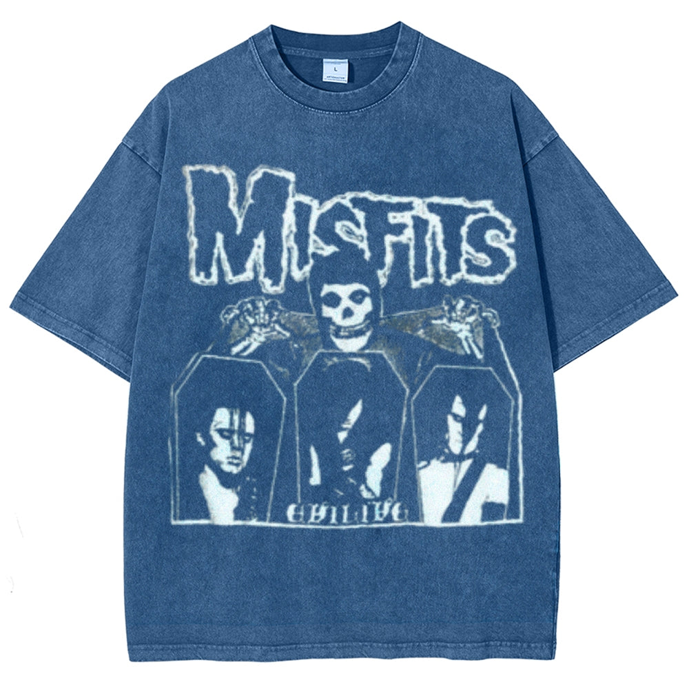 Unisex Vintage The Misfits Rock Band Print Short Sleeve Casual Graphic Washed T-shirt