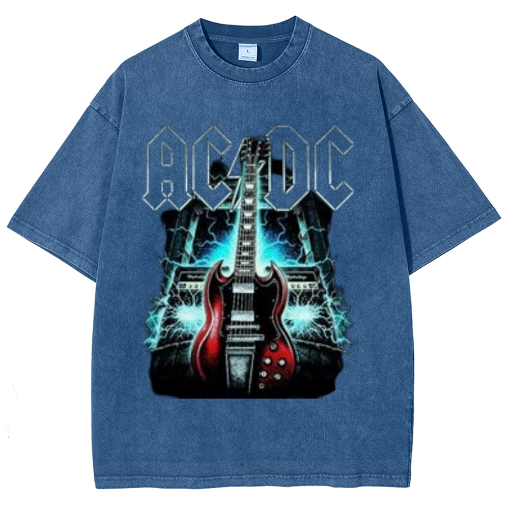 Unisex Vintage The Acdc Rock Band Print Short Sleeve Casual Graphic Washed T-shirt