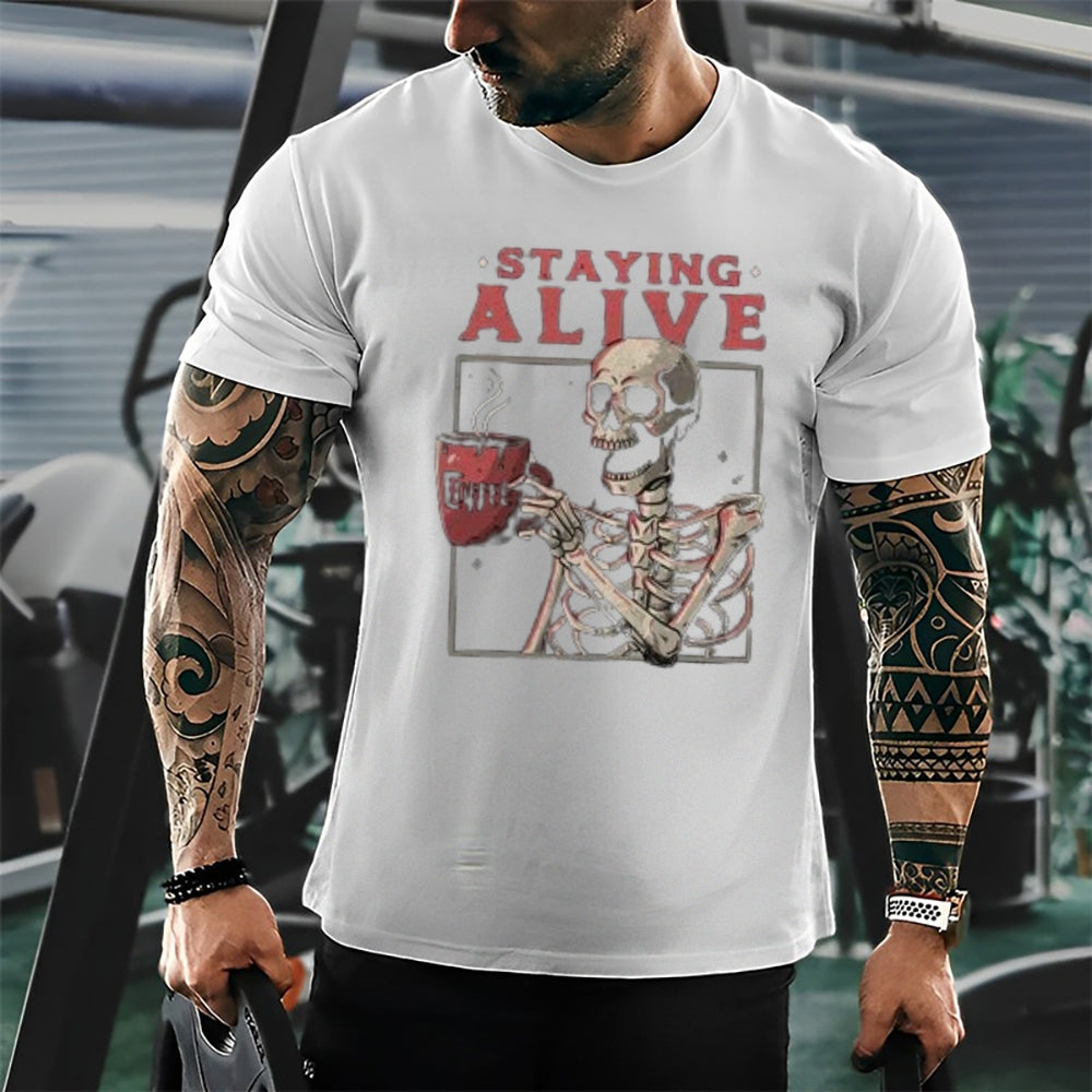 Mens Staying Alive Skull with Coffee Graphic Tee