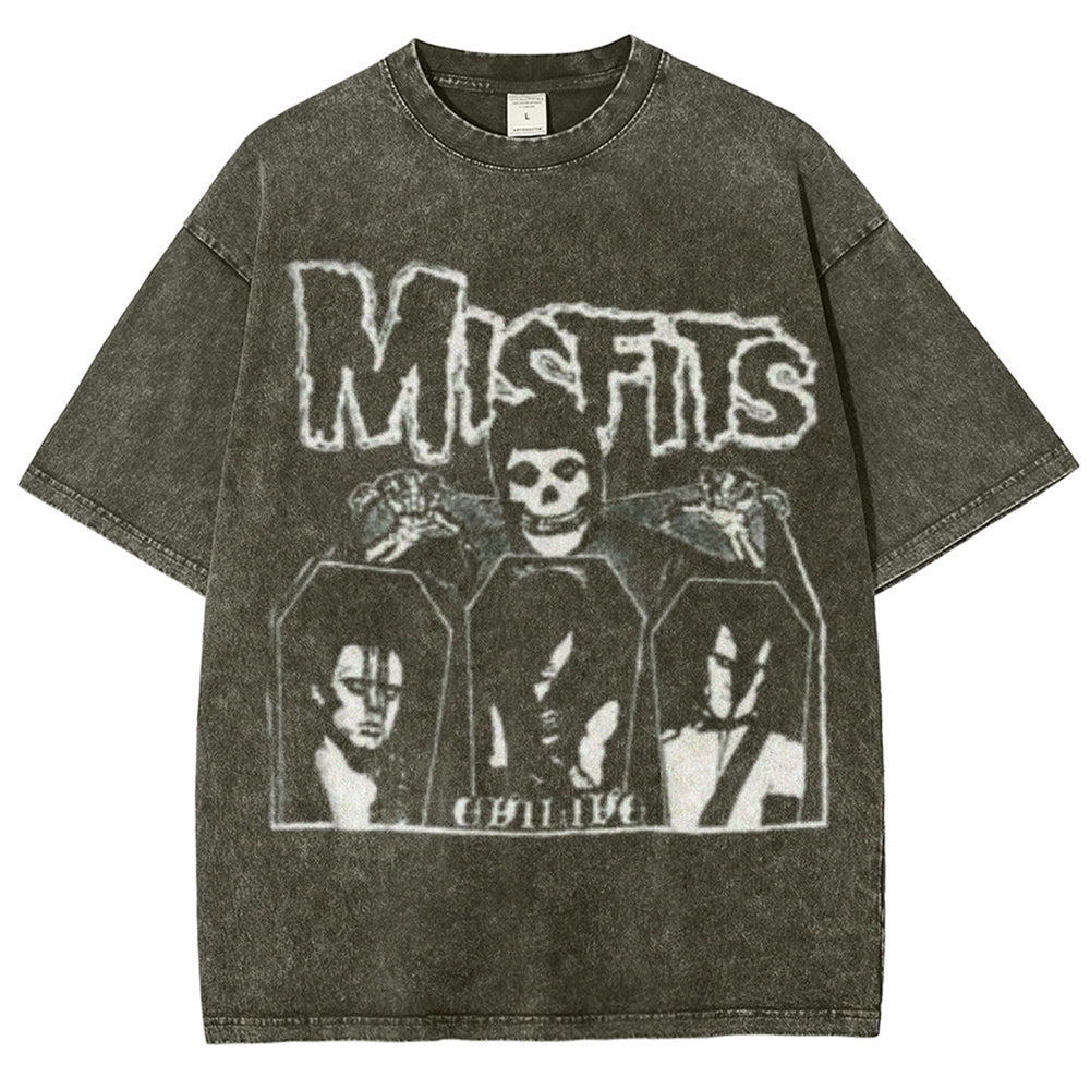 Unisex Vintage The Misfits Rock Band Print Short Sleeve Casual Graphic Washed T-shirt