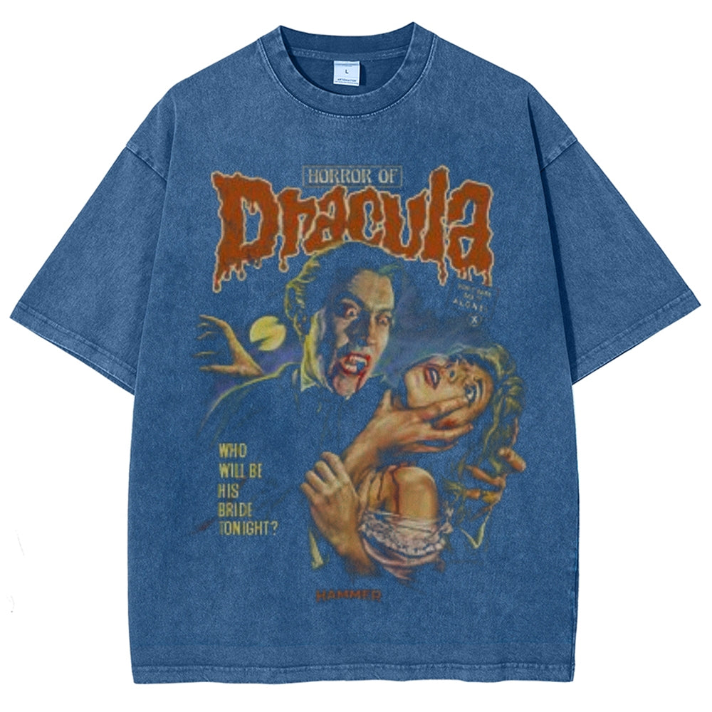 Unisex Vintage Horror of the Dracula Movies Graphic Short Sleeve Washed T-shirt