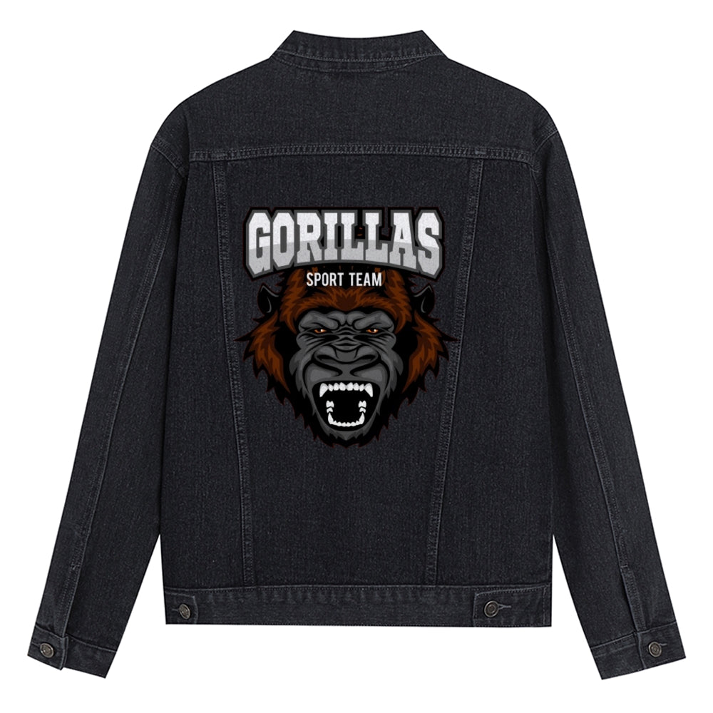 Mens Vintage Cartoon Prints GORILLAS SPORT TEAM Denim Jacket