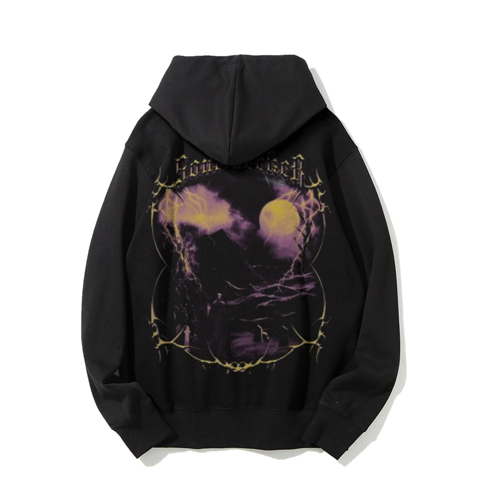 Mens Vintage Death Darkness Style Print Graphic Pullover With Kangaroo Pocket Hoodies