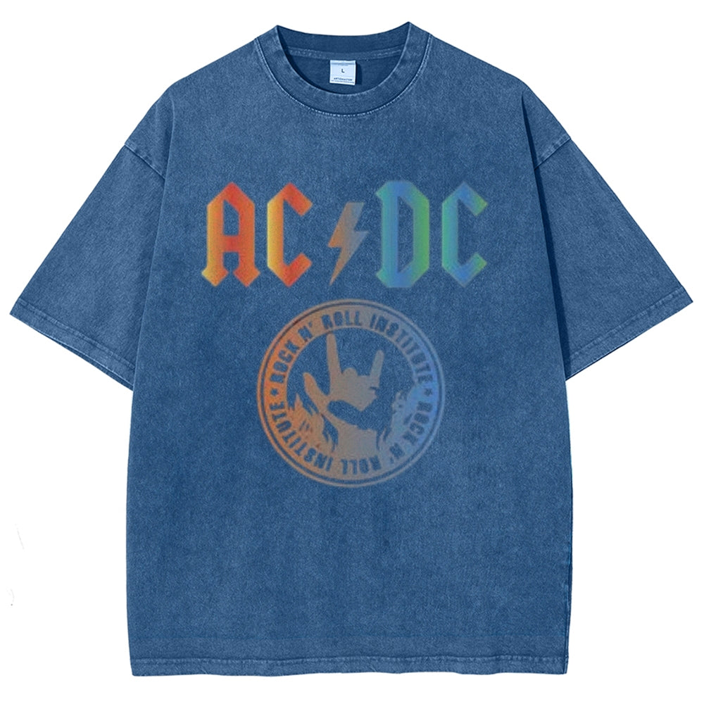 Unisex Vintage The Acdc Rock Band Print Short Sleeve Casual Graphic Washed T-shirt