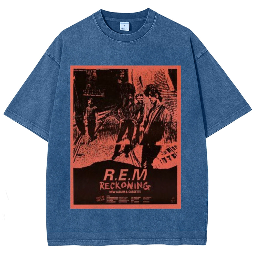 Unisex Vintage The Rem Rock Band Print Short Sleeve Casual Graphic Washed T-shirt