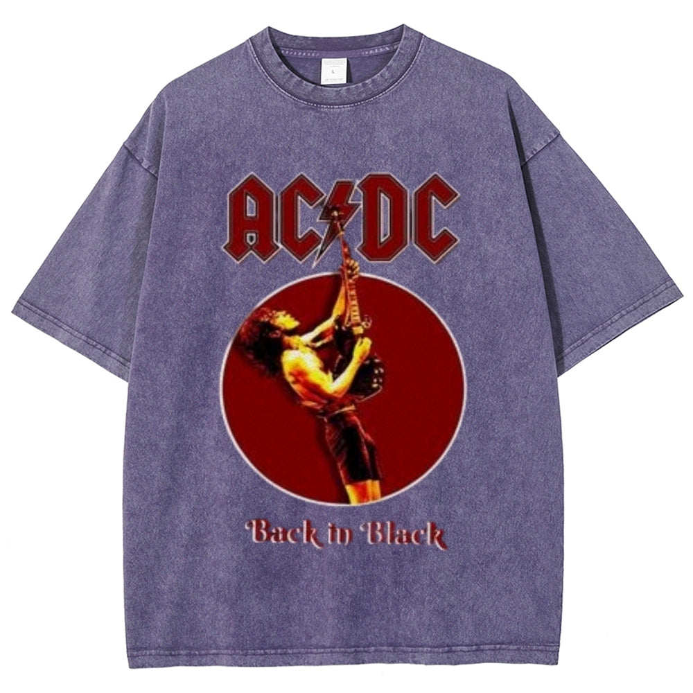 Unisex Vintage The Acdc Rock Band Print Short Sleeve Casual Graphic Washed T-shirt