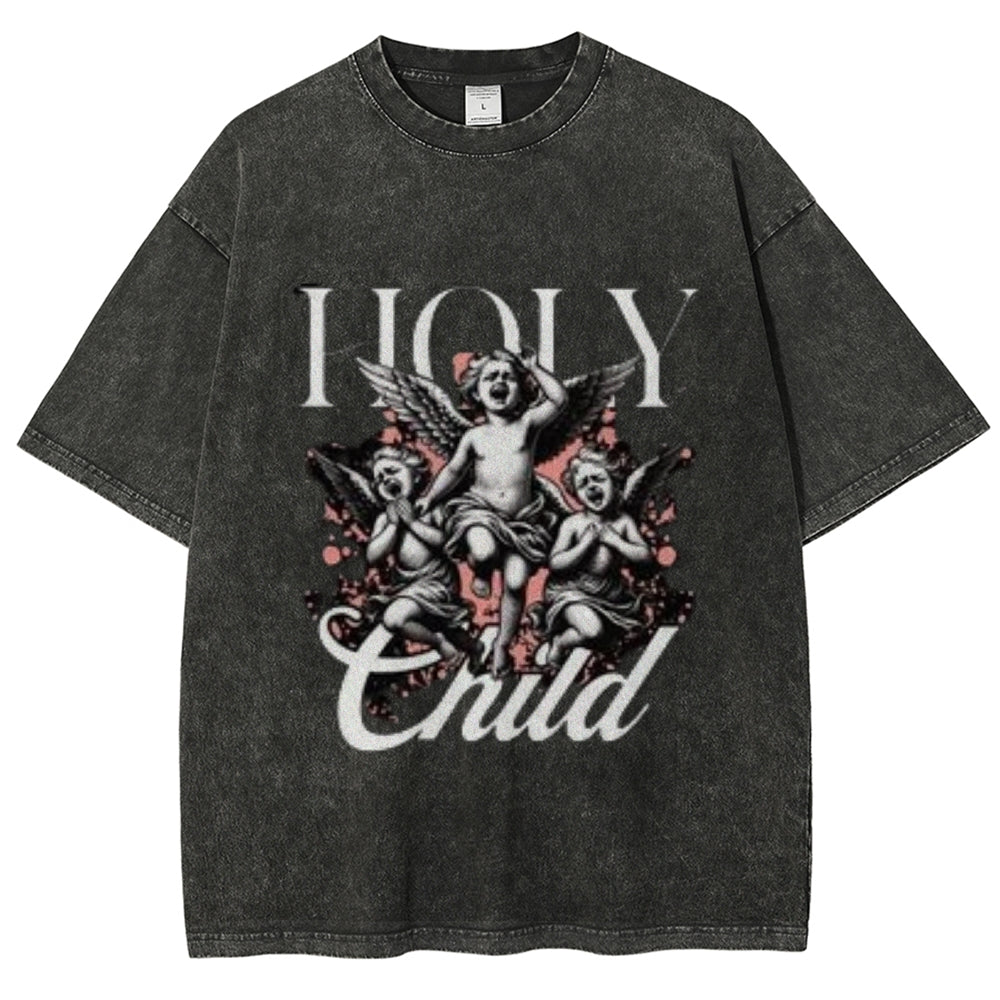 Women Washed Vintage Holy Child Graphic T-shirt