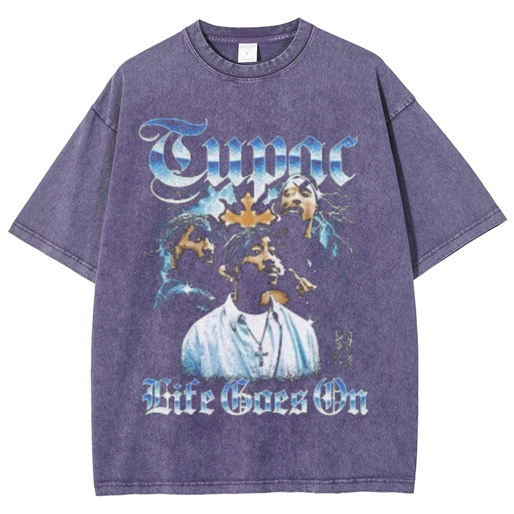 Unisex Vintage Tupac Life Goes On Graphic Short Sleeve Washed T-shirt