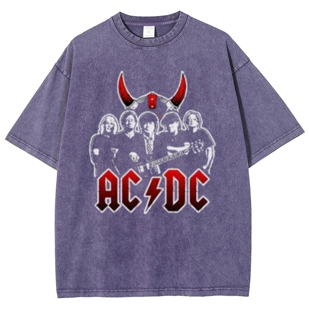 Unisex Vintage The Acdc Rock Band Print Short Sleeve Casual Graphic Washed T-shirt