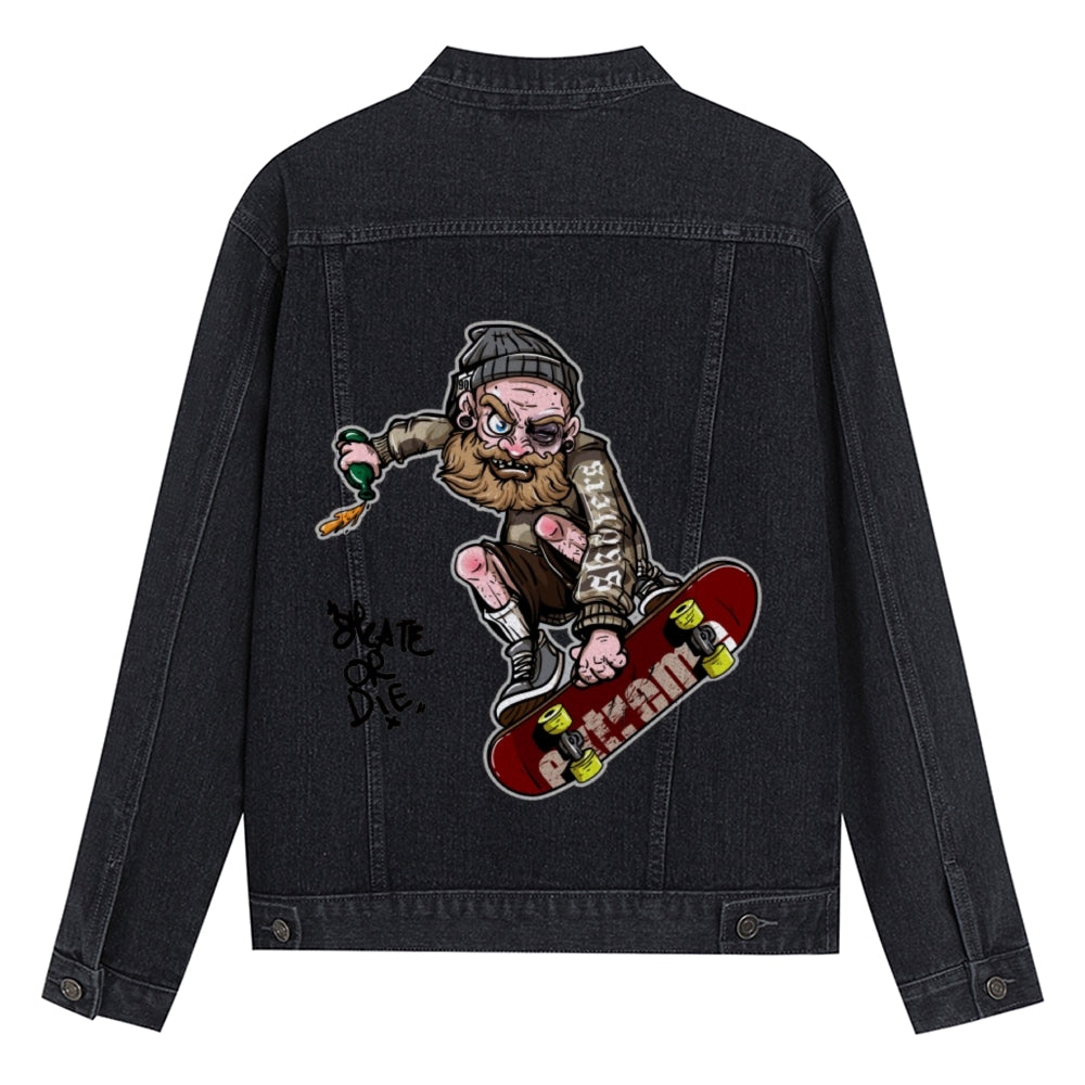 Mens Vintage Skate Or Die Cartoon Prints Denim Jacket