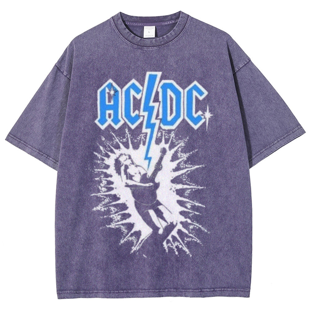 Unisex Vintage The Acdc Rock Band Print Short Sleeve Casual Graphic Washed T-shirt