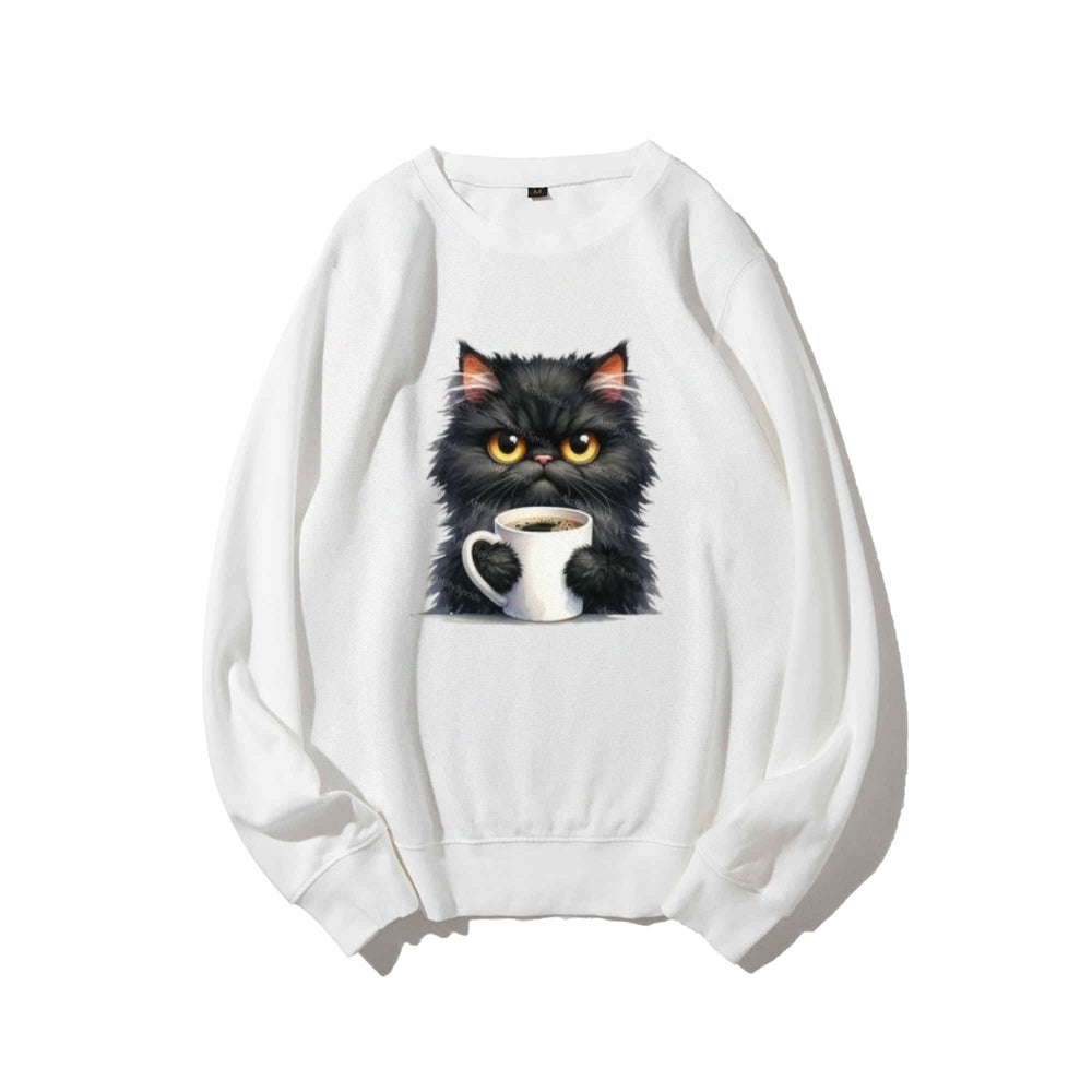 Black Cat with Coffee Cup Graphic Sweatshirts