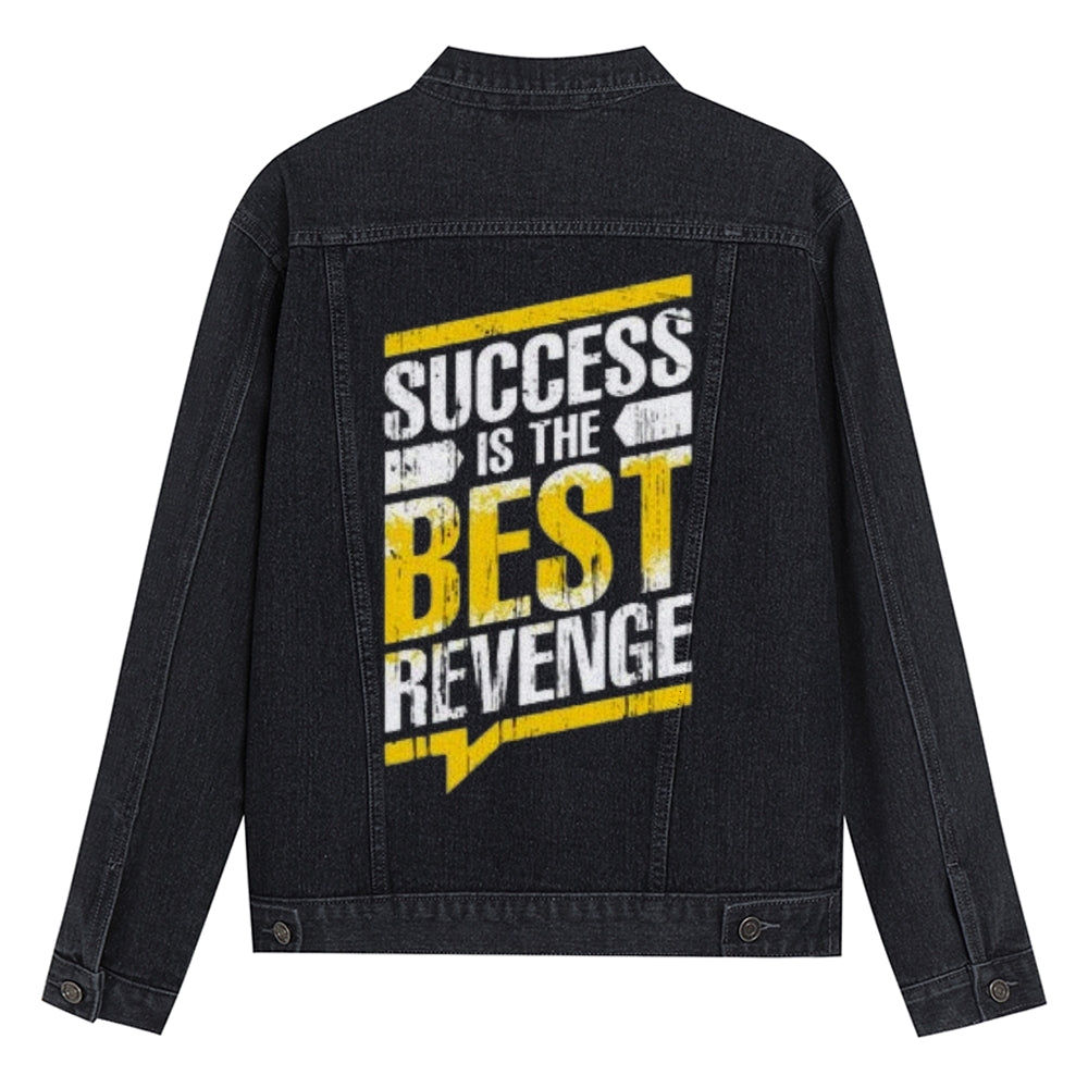 Mens SUCCESS IS THE BEST REVENGE Graphic Button Up Denim Jacket