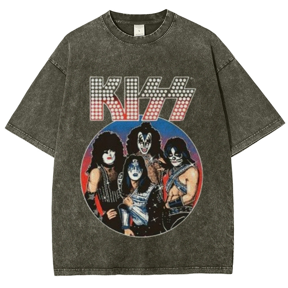 Unisex Vintage The Kiss Rock Band Print Short Sleeve Casual Graphic Washed T-shirt