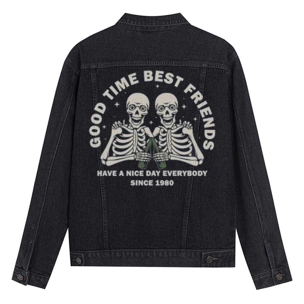 Mens Vintage GOOD TIME BEST FRIENDS Skull Graphic Denim Jacket