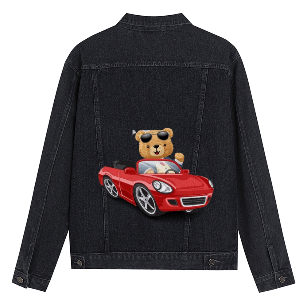 Mens Vintage Cartoon Cute Bear Red Sports Car Prints Denim Jacket