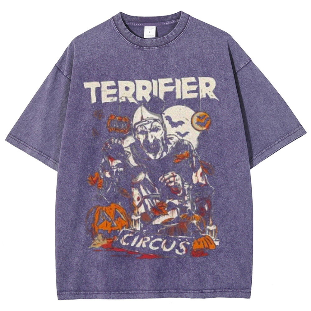 Unisex Vintage Terrifier Horror Graphic Short Sleeve Washed T-shirt