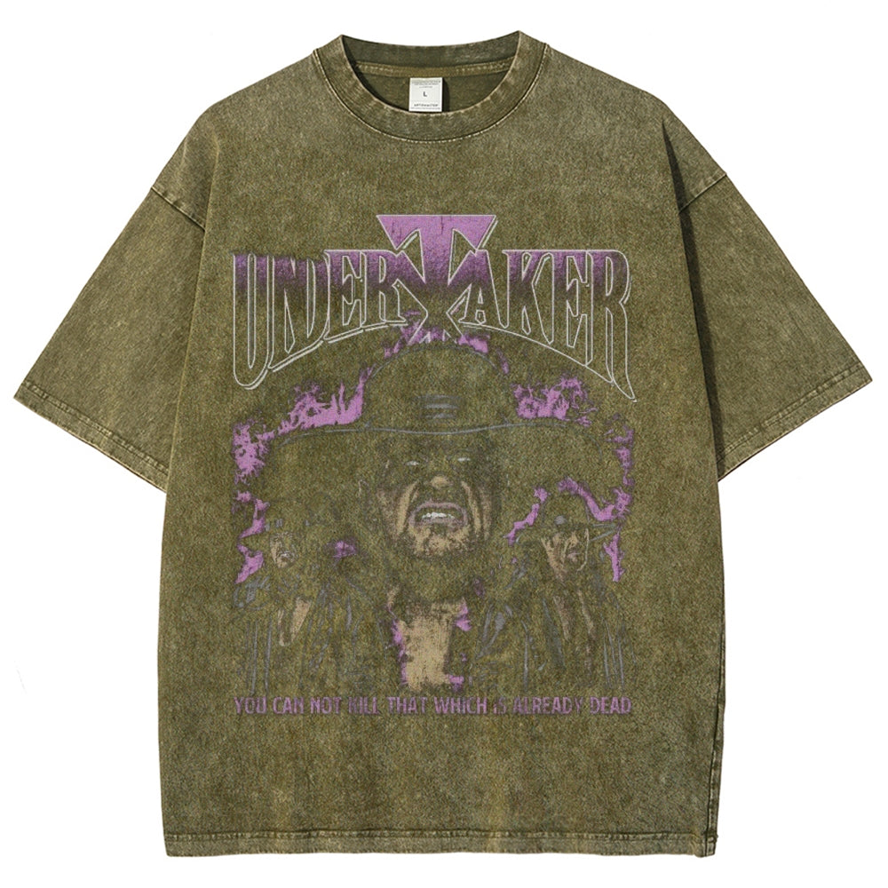 Unisex Vintage Undertaker Darkness Style Graphic Short Sleeve Washed T-shirt