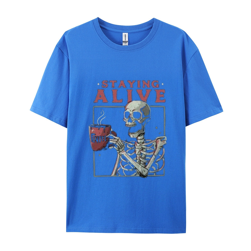 Mens Staying Alive Skull with Coffee Graphic Tee