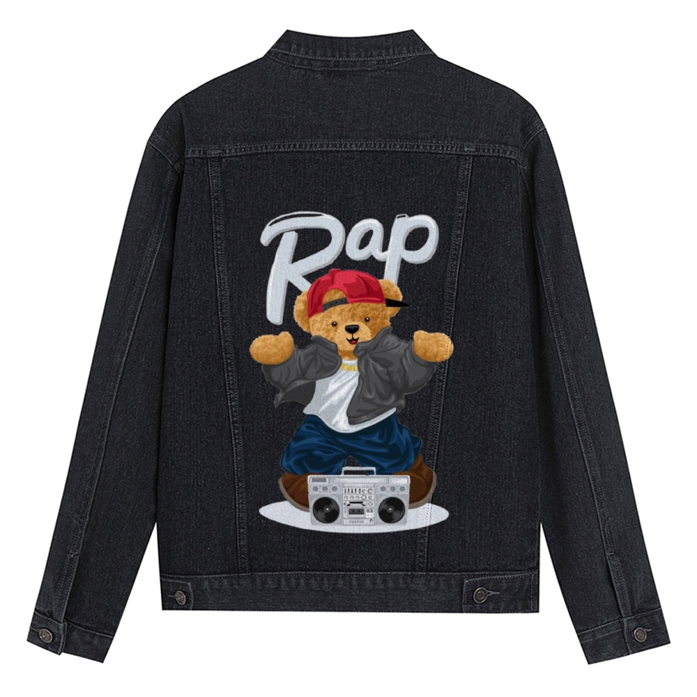 Mens Vintage Cartoon Prints Cute Bear Denim Jacket