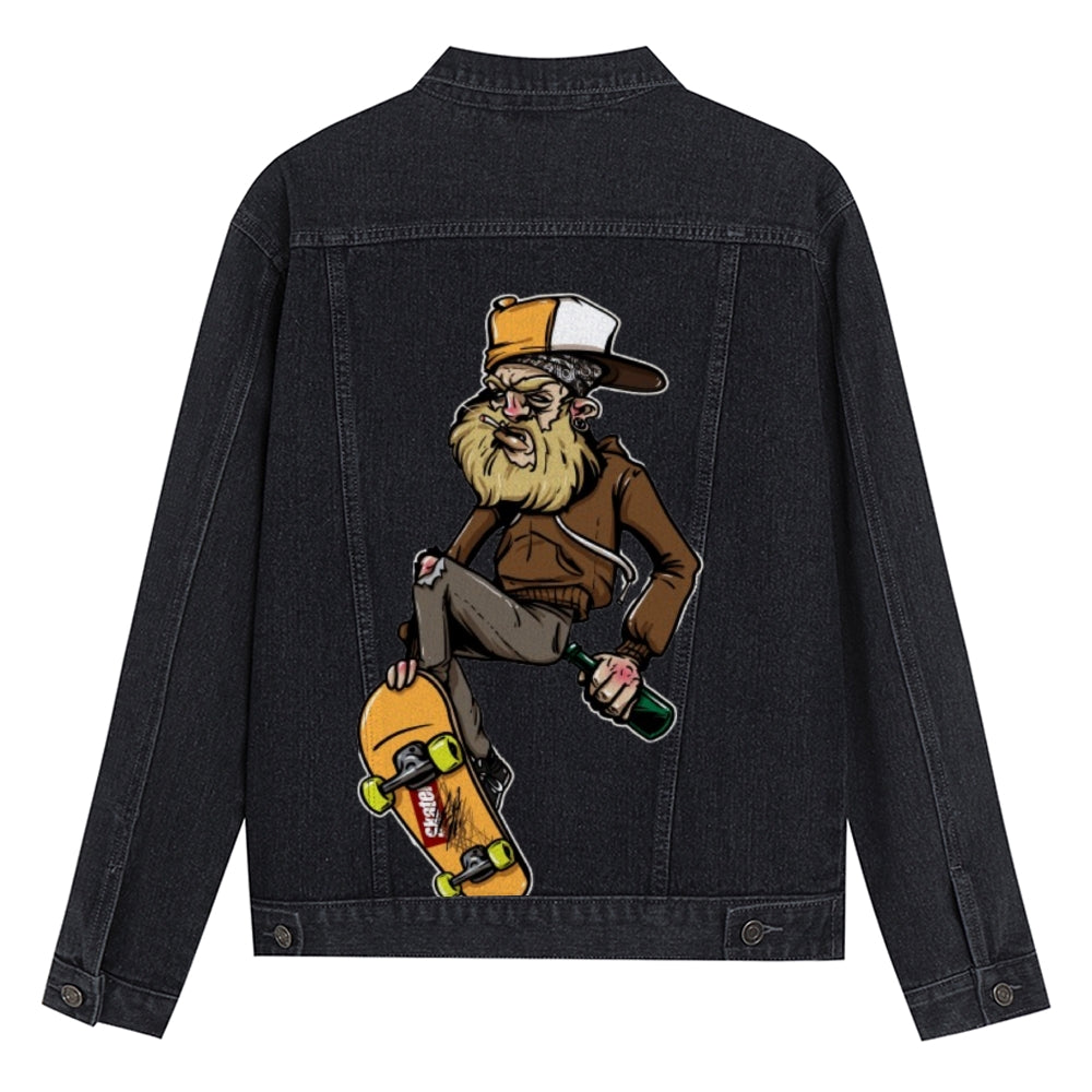 Mens Vintage Skate Cartoon Prints Denim Jacket